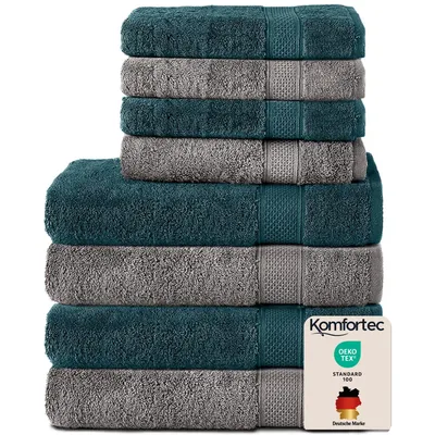 Produktbild von Komfortec 8er Handtuch Set aus 100% Baumwolle, 4 Badetücher 70x140 und 4 Handtücher 50x100 cm, Frottee, Weich, Towel, Groß, Anthraizt Grau / Petrol