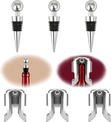 Immagine prodotto di Set di tappi per bottiglie - Set da 6 - Estrattore di tappi per vino (3 pezzi) - Tappi per bottiglie di spumante (3 pezzi) - Tappi per vino
