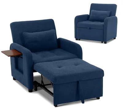 Zdjęcie produktu dla Sofa rozkładane typu kanapa z niebieskim obiciem – wielofunkcyjny materiał, możliwość ustawienia jako sofa lub łóżko, port USB, składany stolik, poduszka, regulowane oparcie
