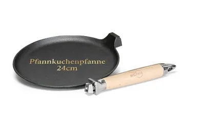 Gusseiserne Crêpepfanne Ø24 cm, vorbehandelt, abnehmbarer Holzgriff