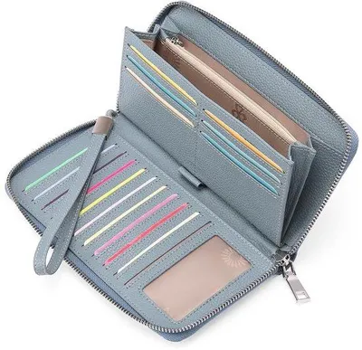 Immagine prodotto di Portafoglio con laccio lungo, capiente, scomparto multiplo per carte, fermasoldi, in PU, azzurro cielo