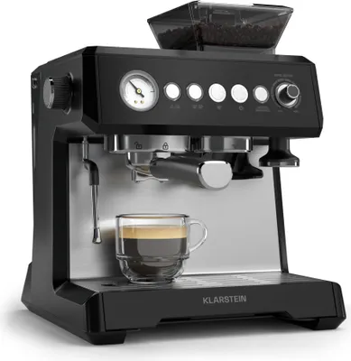 Image de Klarstein GrandPresso Machine à Café Grain – 20 Bars, 1350W, Moulin Intégré, Buse Vapeur, Réservoir 2.3L, Noir, Cafetière à Grain avec Broyeur, Design Compact, Facile à Nettoyer