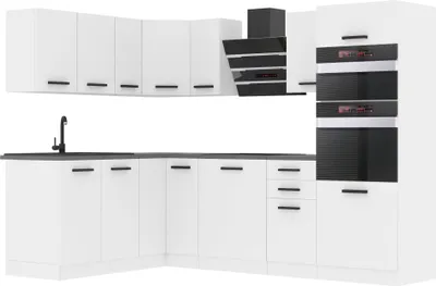 Produktbild von Belini Küchenzeile Küchenblock Küche L-Form MELANIE Küchenmöbel mit Griffe, Einbauküche ohne Elektrogeräten mit Hängeschränke und Unterschränke, ohne Arbeitsplatten, Weiß matt
