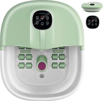 A green and white foot bath with a control panel and massager rollers.
