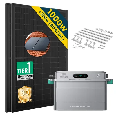 Produktbild von ALLDREI Balkonkraftwerk mit Speicher Zendure SolarFlow 800 PLUS 1.92kWh, 2 MPPT, Komplettset mit 2*500W Bifazialer Solarpanel & Ziegeldach Halterung