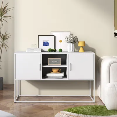 Produktbild von Fortuna Lai Weißer Metall-Akzent-Schrank, Sideboard-Buffet und Aufbewahrungs-Schrank-Safe, Robuster Metallbau mit stilvollem Weiß,  H 75 cm × B 120 cm × T 40 cm