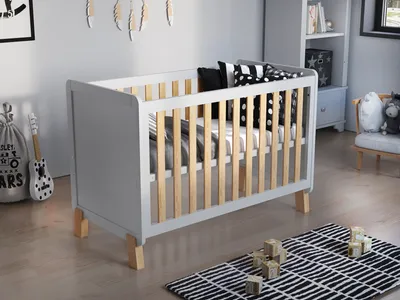 Obrázek produktu pro Dětská Postýlka Bílá - Přírodní dřevo 120x60 cm + Pěnová Matrace Aloe Vera + Dřevěná Bezpečnostní Zábrana