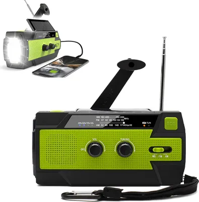 A collage showing a solar-powered emergency radio with a flashlight and charging capabilities.