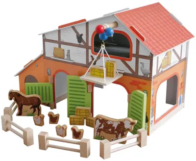 Produktbild von roba Bauernhof 'Farm', bedrucktes Holzspielzeug, Set mit Scheune, Stall, Heuboden, Zaun & 6 Bauernhoftieren, steckbar