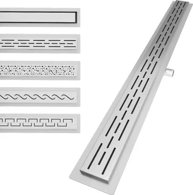 Produktbild von Aquamarin® Duschrinne - 110 cm, Komplettset, mit Siphon, Haken, verstellbare Füße, aus Edelstahl, Gebürstet, Schlitz, Flach - Duschablauf Linear, Bode