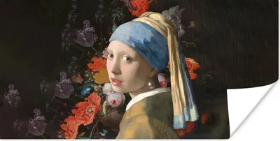 Produktbild von MuchoWow® Poster Mädchen mit Perlenohrring - Blumen - Alte Meister 150x75 cm - ohne Rahmen