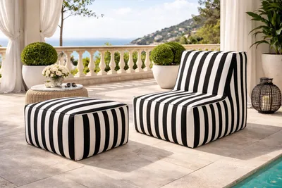 Obrázek produktu pro Zahradní nábytek Patio, křeslo 70 x 85 x 70 cm a sedací vaky 70 x 70 x 35 cm, balkonový nábytek, zahradní nábytek, odolná a povětrnostně odolná látka Club, černá a bílá