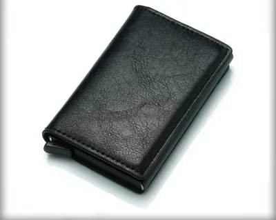 Produktbild von PU-Doppelfach-Aluminiumlegierung-Kartenetui – Automatisches Fach, Metall-Geldbeutel in Schwarz, kompakt, sicher und praktisch für Karten und Bargeld.