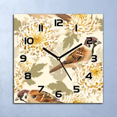 Produktbild von Wanduhr Echt-Glas-Küchenuhr Gold Vögel & Blumen Quarz 30x30 Deko Bilder