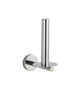 A chrome toilet paper holder mounted on a white background.