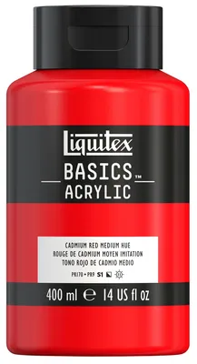 Produktbild von Liquitex 8870319 Basics - Acrylfarbe, monopigmentierte Künstlerpigmente, lichtecht, mittlere Viskosität, Archivqualität, seidenglänzender Finish, 400ml Flasche - Kadmiummiumrot mittel Farbton – Kadmiu