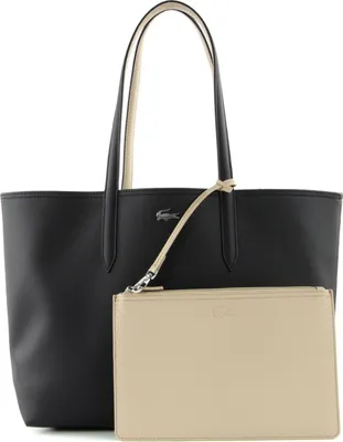 A black tote bag with a beige inner pouch and handles, displayed against a white background.