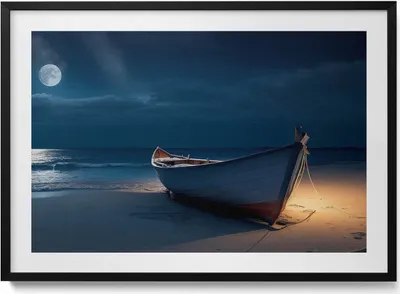 Produktbild von Boot auf der Strandbirke bei Nacht– Wandbild mit Rahmen – Gerahmtes Bild  – Wanddekoration – 100x70 cm –  Schwarz Rahmen