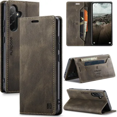 Produktbild von Hülle für Samsung Galaxy A56, Retro Kunstleder Tasche Kartenfächern und Ständer Schutzhülle Kaffee