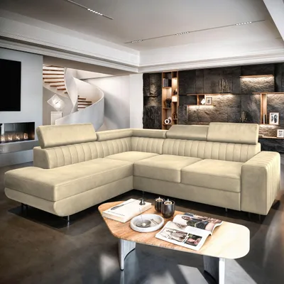 Produktbild von Masseno Ecksofa NOLA L-S mit Schlaffunktion L-Form, Sofa mit Bettkasten, Wohnzimmersofa, Couch, Soffa, Bettsofa, Couchgarnitur- Creme, MONOLITH 04