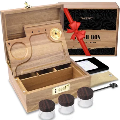 Image de Grande boîte en bois d'acacia avec serrure à combinaison, boîte décorative en bois avec plateau amovible, hygromètre, sachet anti-humidité, brosse, bocaux et