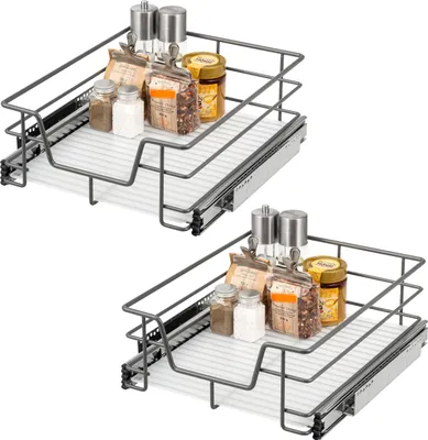Two identical sliding kitchen drawers filled with spices and jars, displayed against a white background.