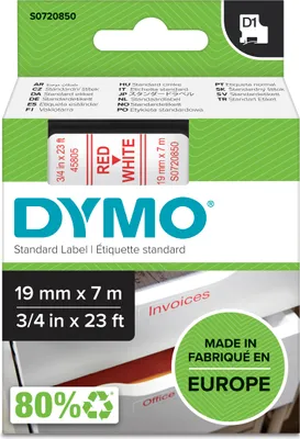 Produktbild von DYMO Original D1-Etikettenband | rot auf weiß | 19 mm x 7 m | selbstklebendes Schriftband | für LabelManager-Beschriftungsgerät