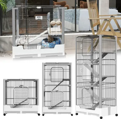 Produktbild von LARS360 Grauer 3-Ebenen Kaninchenstall, Kleintierkäfig für Hasen, Meerschweinchen und Nager, mit Sicherheitsverschlüssen und Abnehmbarem Boden, 73 x 50 x 160 cm