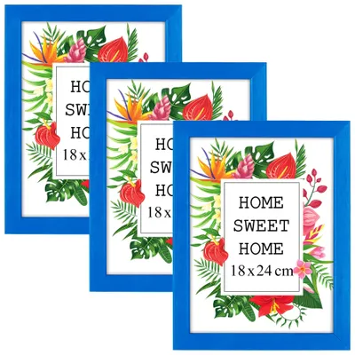 Obrázok produktu pre Sada 3 modrých rámov MG Design, rozmer 18 x 24 cm – vyrobené z prírodného dreva s akrylovým sklom, vhodné na zavesenie aj na postavenie, pre fotografie, plagáty a puzzle