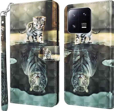 Produktbild von CLM-Tech Hülle kompatibel mit Xiaomi 13 Pro - Tasche aus Kunstleder - Klapphülle mit Ständer und Kartenfächern, Katze Tiger grau
