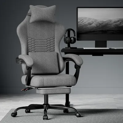 Productafbeelding van Gaming stoel, met stoffen bekleding, massagefunctie, hoofdsteun, ergonomisch ontwerp, racezit, voetsteun - DONKERGRIJS