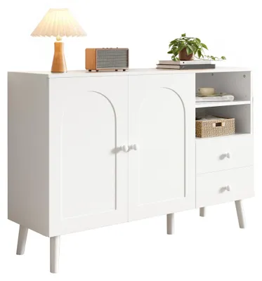Immagine prodotto di Mobile contenitore Moonbite, 118 cm, con ante curve. Credenza a 2 ante e 2 cassetti, con vani a giorno, maniglie e gambe in legno, realizzata in pannello MDF e pannello truciolare, colore bianco