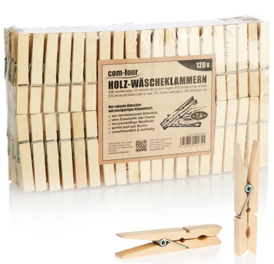 Produktbild von com-four® 120x Wäscheklammern aus Holz - Nachhaltige Holzklammern aus Birkenholz - unbehandelte Holzwäscheklammern zum Wäscheaufhängen und Basteln