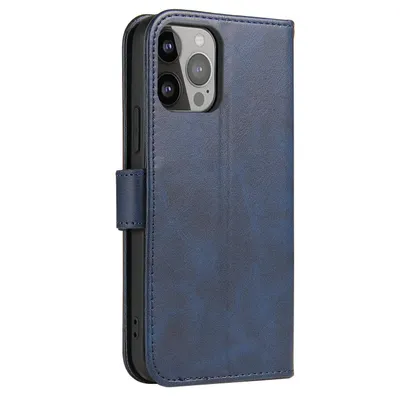 A blue flip case for a smartphone is shown from the side.