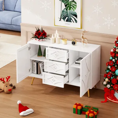 Obrázek produktu pro Elegantní komoda s diamantovým vzorem, příborník se 3 zásuvkami a 2 dvířky, zlaté nožky, 120 × 40 × 80 cm