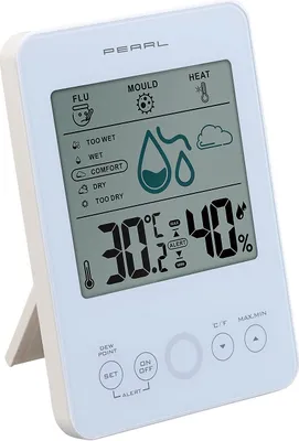 Produktbild von Digitales Hygrometer & Thermometer mit Schimmel-Alarm & Komfort-Anzeige Luftfeuchte Messgerät und Pflanzen Sensor weiß