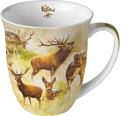 Produktbild von Tasse 10cm Porzellan mit Hirsch & Reh Waldtiere Motiv Braun / Beige