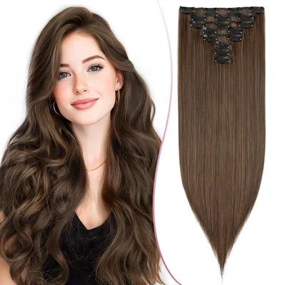 Image de Extensions de cheveux à clipser, 8 pièces, lisses, 130g, fibre synthétique, 45 cm, couleur marron moyen et marron foncé