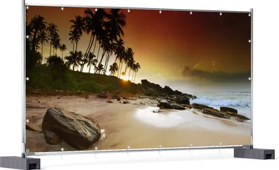 Produktbild von Wallario XXL Outdoor-Poster für Garten oder Balkon, Motiv Sri Lanka - Palmenstrand mit Sonnenuntergang, in ca. 340 x 173 cm