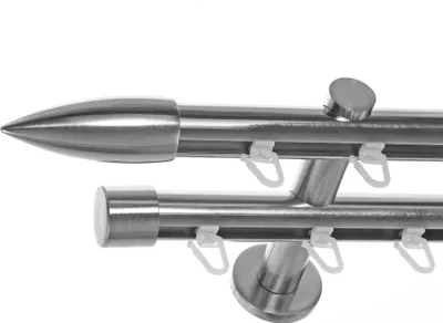 Produktbild von Innenlauf Gardinenstange Edelstahl Look 20mm Wandträger 2-läufig Zylinder Spitze, Länge wählbar H40 E82E30