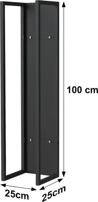 A black metal firewood rack with dimensions indicated by text.