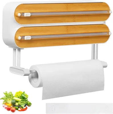 Imagen del producto de Soporte 3 en 1 para film transparente y rollos de cocina, diseño de madera, montaje en pared, para papel de aluminio y papel de cocina