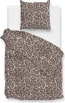 A top-down view of a duvet cover and pillowcase set with a leopard print pattern, laid out on a white surface.