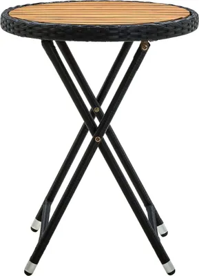 A round bistro table with a woven top and a folding X-shaped base.
