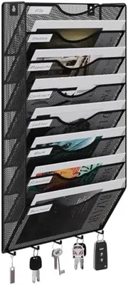 Produktbild von PromoHome® Wandmontage Dokumentenorganizer - 8 Ebenen Metall Aufbewahrungssystem mit Haken, Schwarz