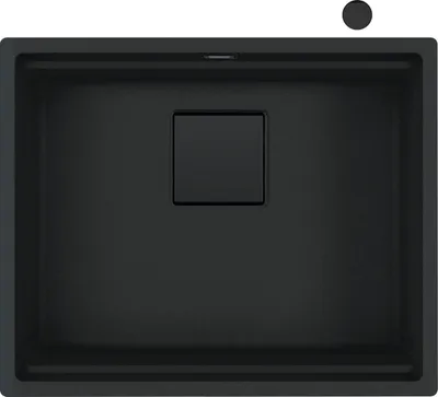 A top-down view of a black kitchen sink with a square drain cover in the center.