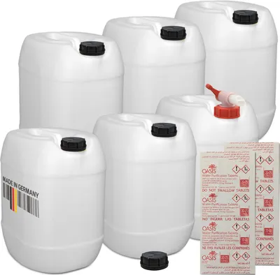 Produktbild von plasteo 6er Set: 30 Liter Getränke- Wasserkanister Natur mit Schraubdeckeln und 1 Ausgießhahn (DIN 61) und 20 Wasserreinigungstabletten | Lebensmittelecht | Tragbar | Indoor und Outdoor | BPA Frei