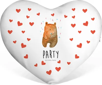 Produktbild von Mr. & Mrs. Panda Dekokissen Bär Party - Weiß - Geschenk, Teddy, Geburtstag, Herz Kissen, dekoartikel, Sofakissen, Herzkissen, Feiern, Kuschelkissen, Geburtstagsgeschenk