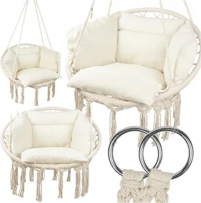 Imagen del producto de Silla colgante de 60 cm con cojín y 2 aros de acero, con capacidad de hasta 150 kg. Color: beige
