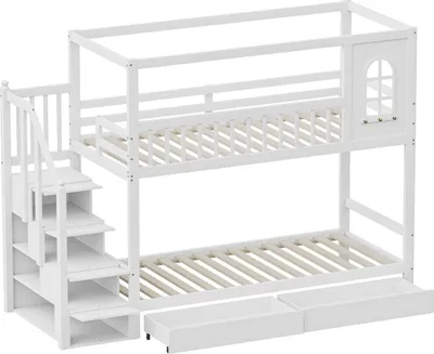 Produktbild von Etagenbett Kinderbett(Weiß)Massivholz Doppelbett,Hausform mit Fenstern, Sicherheitszaun-Design, Mit Aufbewahrungsschubladen und Sicherheitsleiter